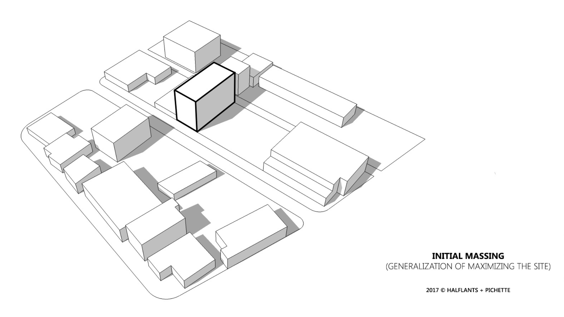A black-and-white architectural massing diagram shows boxy building forms on a site, with one central building highlighted; text reads Initial Massing (Generalization of Maximizing the Site).