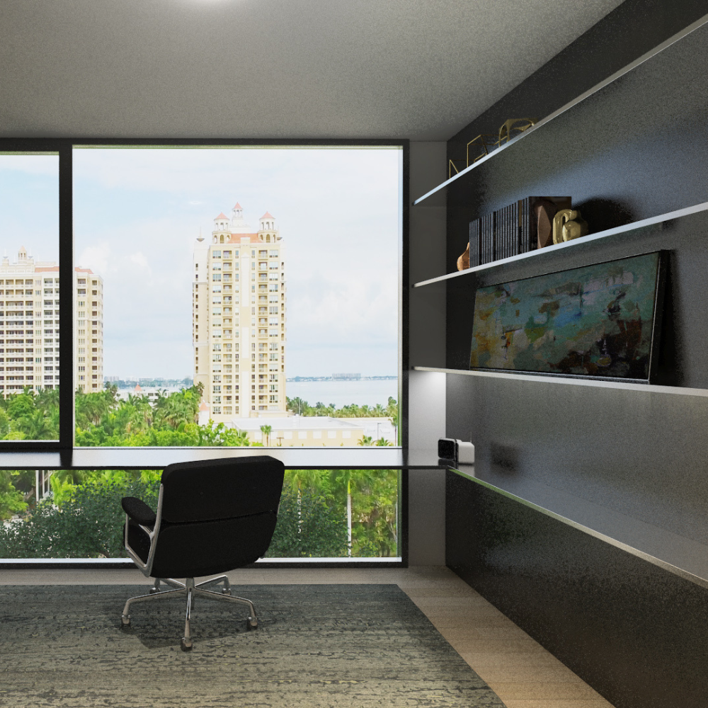 Modern office with a black swivel chair facing large windows overlooking tall buildings and water. Wall shelves with books and art are on the right side. Light wood floor and dark walls complete the scene.