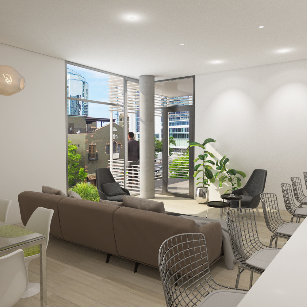 Modern living room with large windows, a brown sofa, plants, and city views. A person stands on the balcony. Dining chairs and a kitchen counter are in the foreground. Bright, minimal, and contemporary interior design.