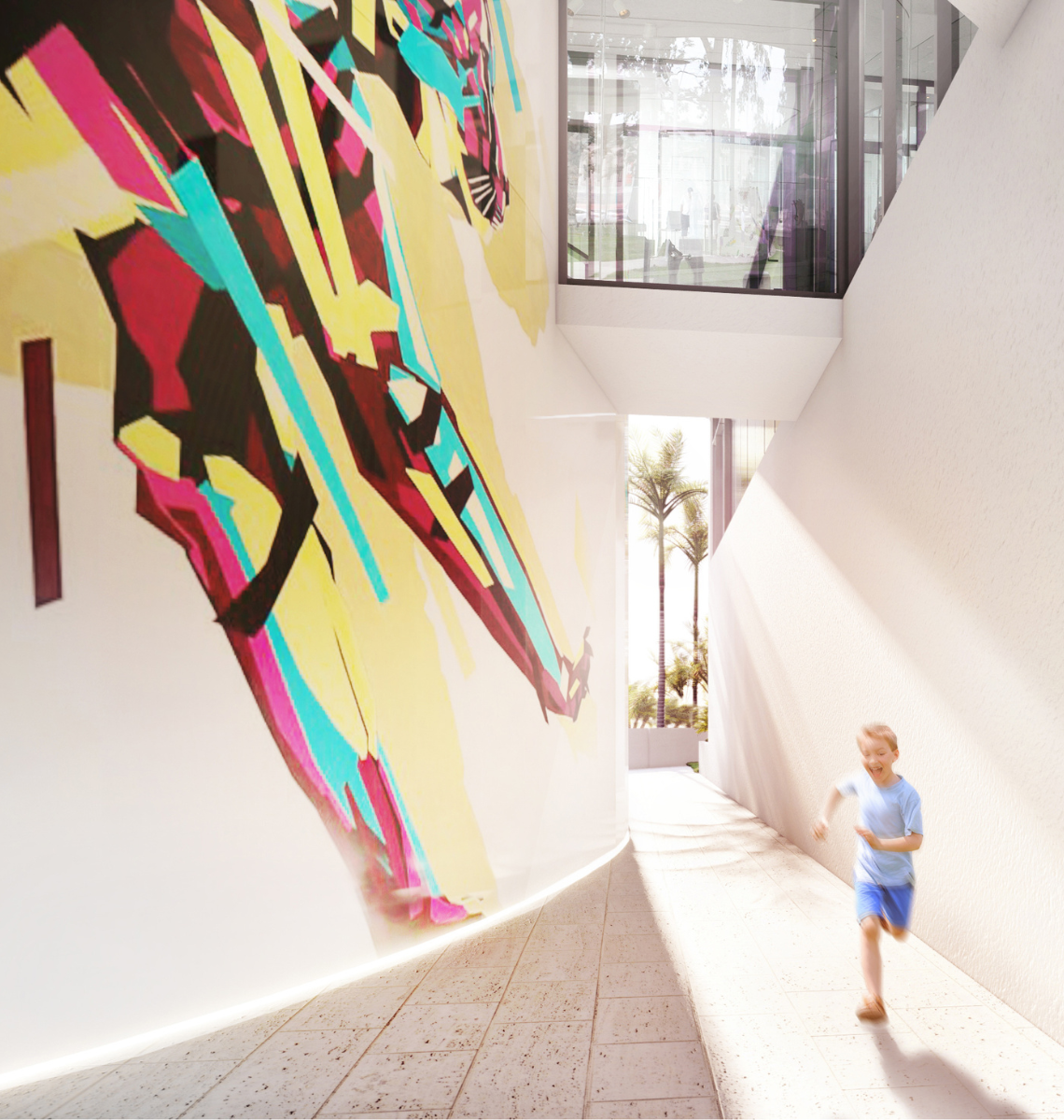 A young boy in blue runs down a sunlit, modern hallway with a large, vibrant, abstract mural on the left wall and glass windows above.