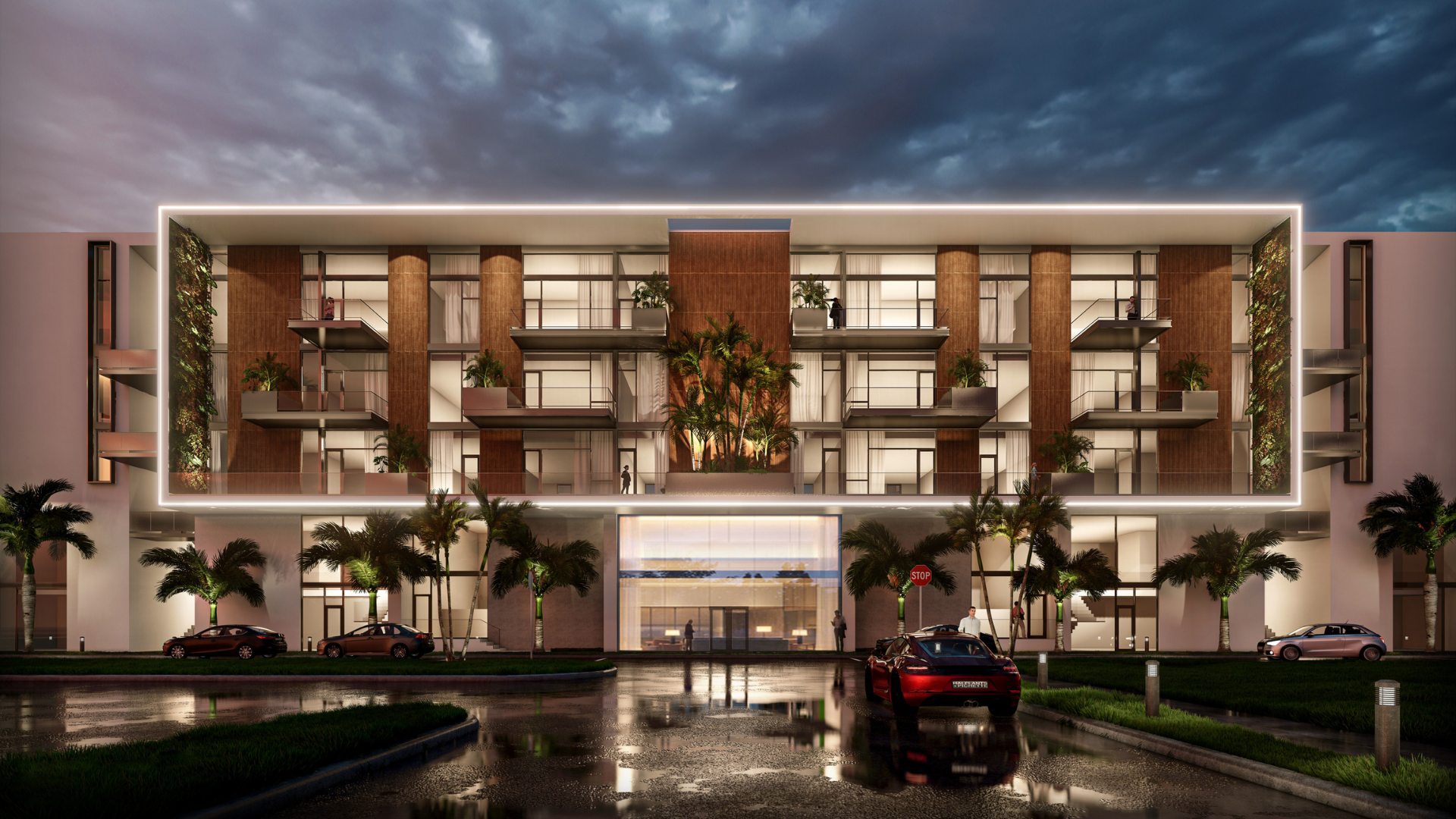 Modern building with illuminated edges, palm trees, balconies, and large windows at dusk. Reflections on the wet ground and parked cars in front enhance the scenes sleek, contemporary design.