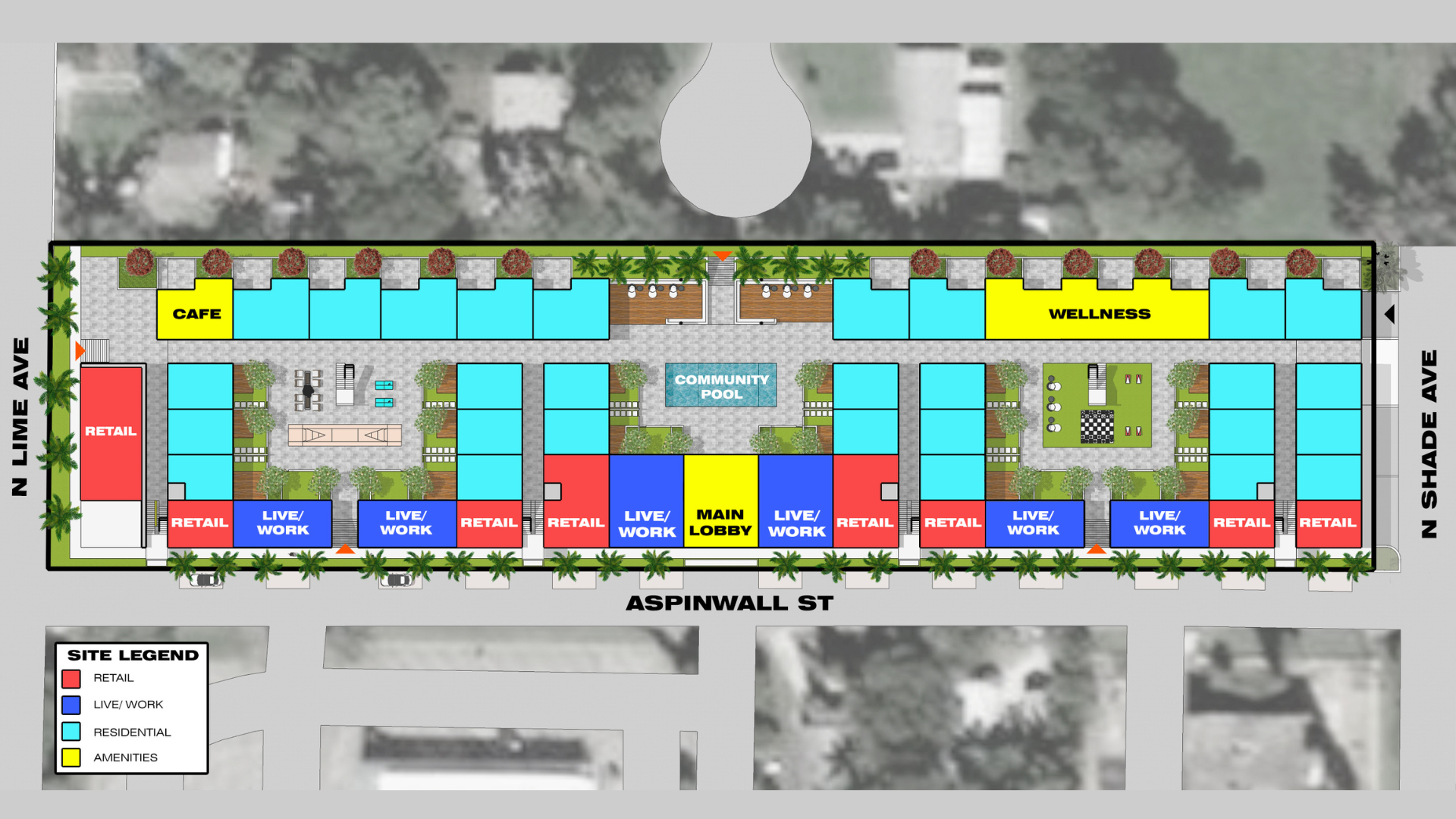 Site plan showing a rectangular block with retail, live/work, residential units, a central pool, cafe, wellness area, and amenities, bordered by Lime Ave, Shade Ave, and Aspinwall St. Site legend included.
