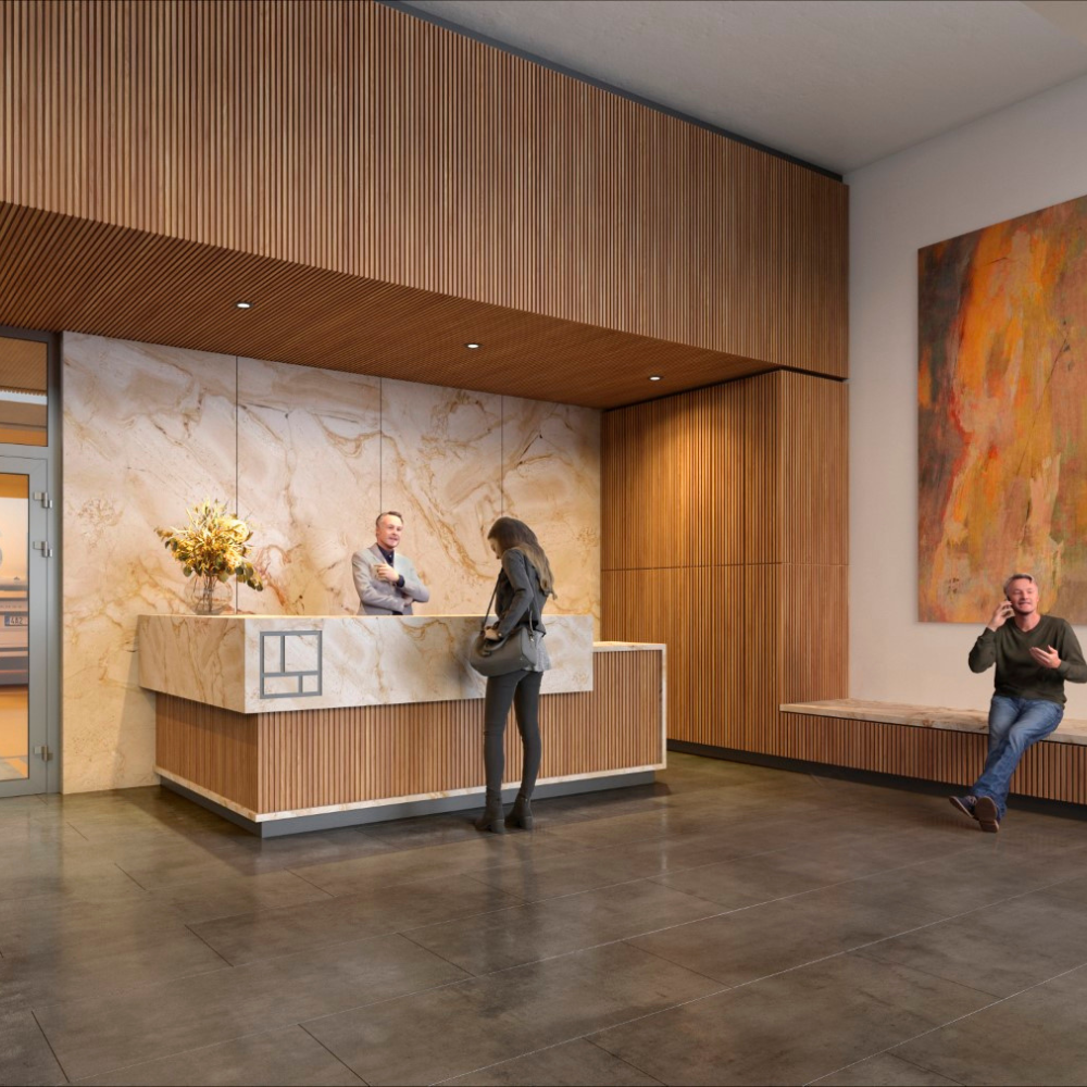 A woman stands at a marble reception desk speaking to a receptionist. A man sits on a bench to the right, talking on his phone. The space has wood paneling, stone walls, and a large abstract painting on the wall.