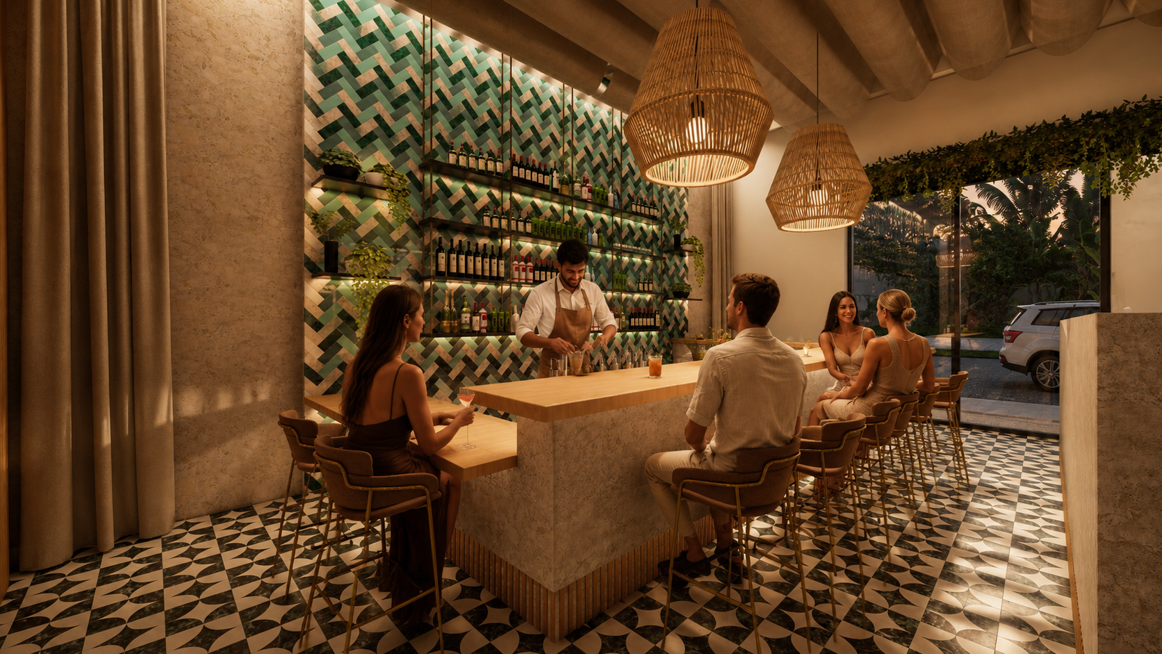 A bartender serves drinks to five seated patrons in a stylish bar with patterned floors, green tile walls, and warm lighting from woven pendant lamps.