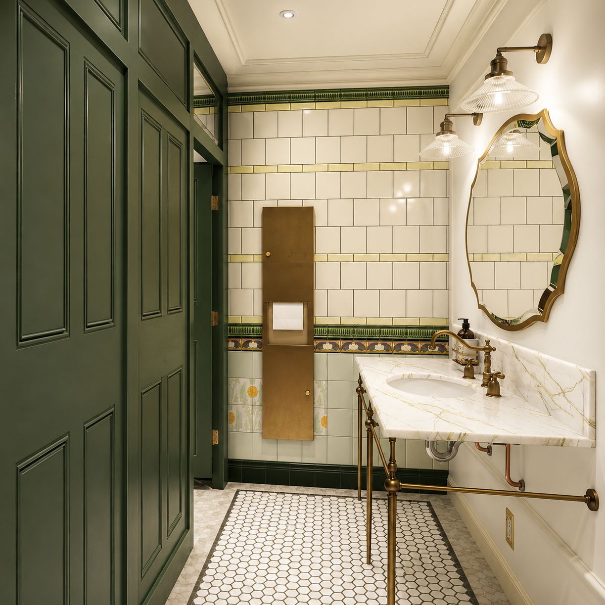 A stylish bathroom with green paneled walls, white subway tiles with green and yellow accents, a marble sink, hexagon tile floor, brass fixtures, and a round mirror.