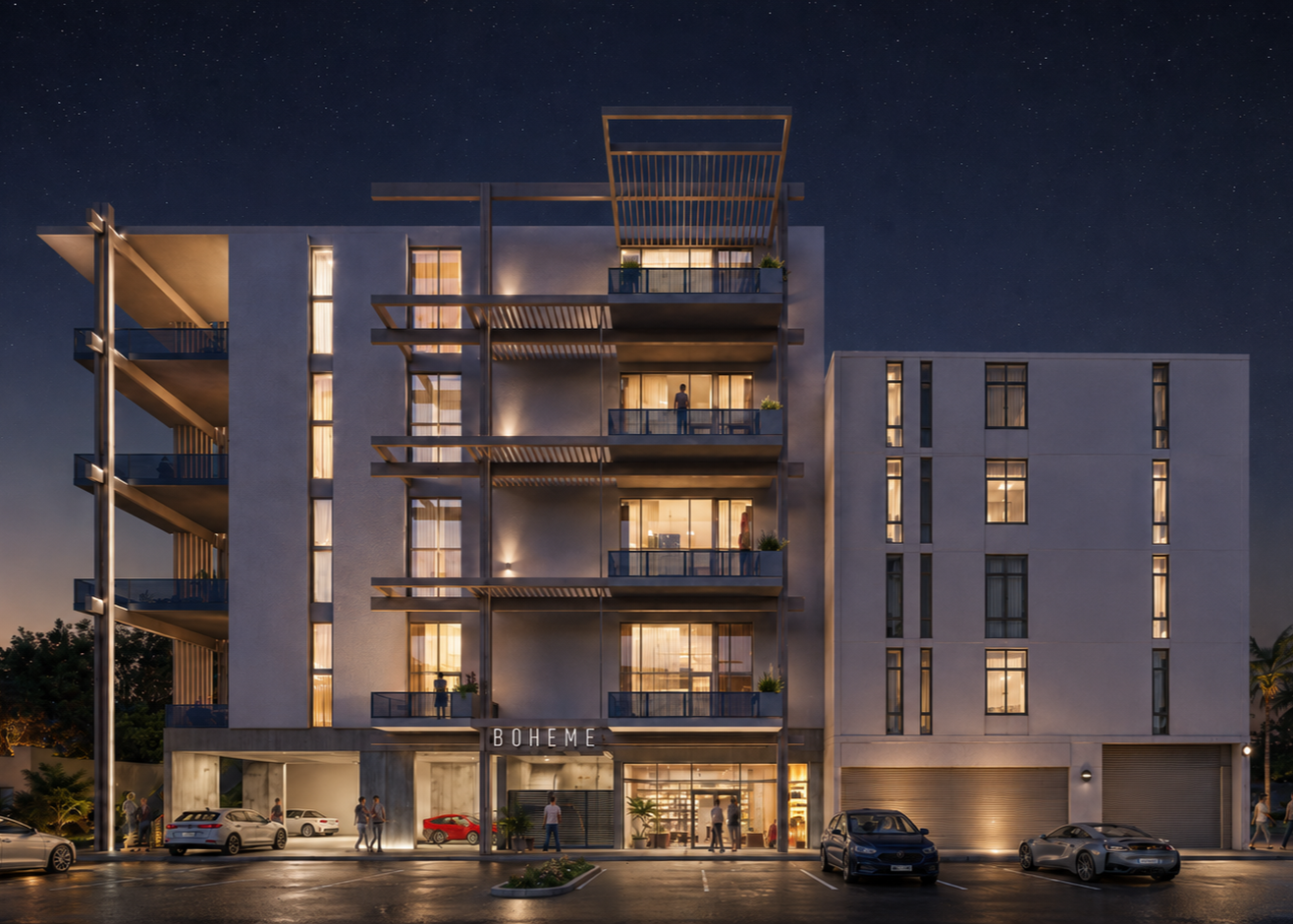 A modern, multi-story apartment building with illuminated windows at night, balconies, parked cars, and a sign reading BOHEME above the entrance. The sky is dark and starry.
