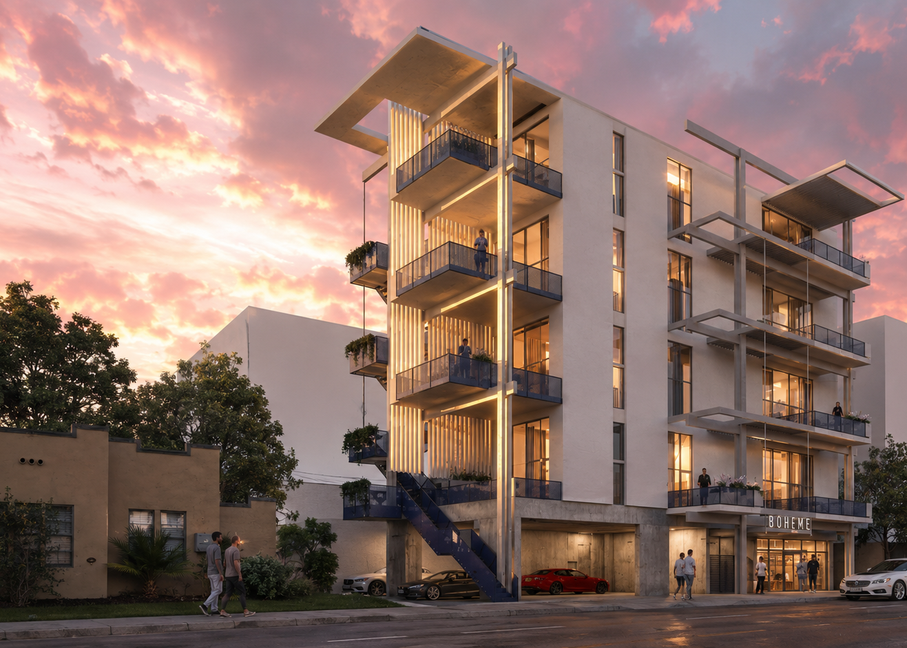 A modern five-story apartment building with balconies and exterior stairs is lit warmly at sunset. People are seen on the balconies and sidewalk. A car is parked in front. The sky is vibrant with pink and orange clouds.