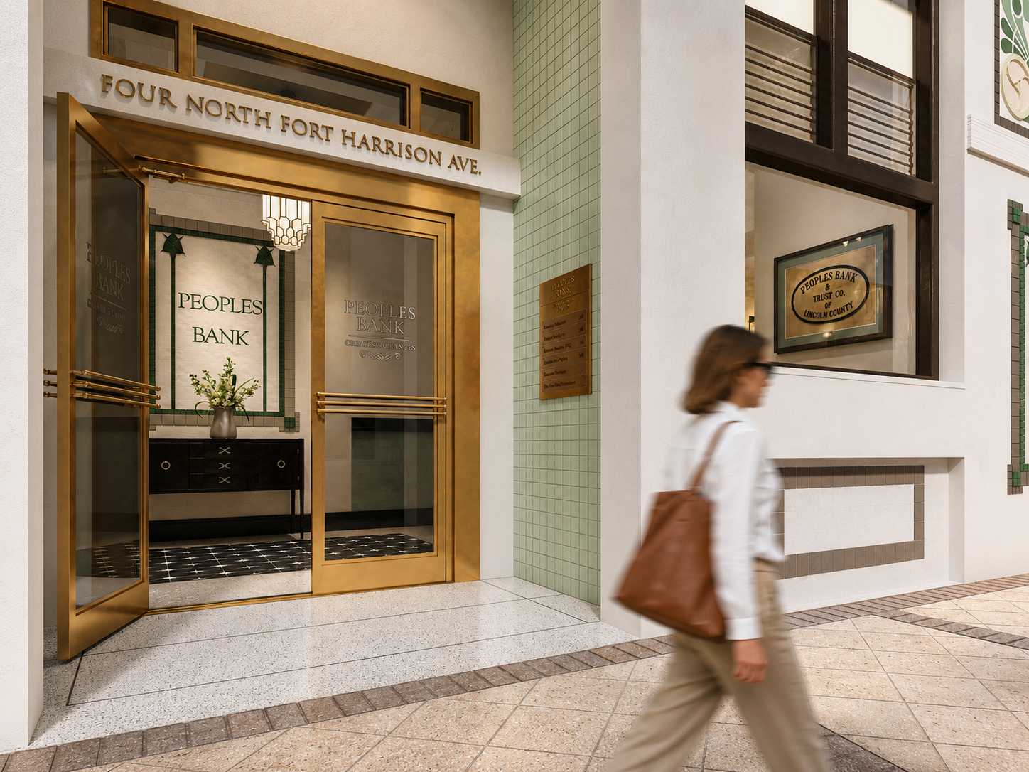A woman with a brown bag walks past the entrance of Peoples Bank, which has gold-framed doors and a sign reading FOUR NORTH FORT HARRISON AVE above. The reflection of the banks name appears on the glass.