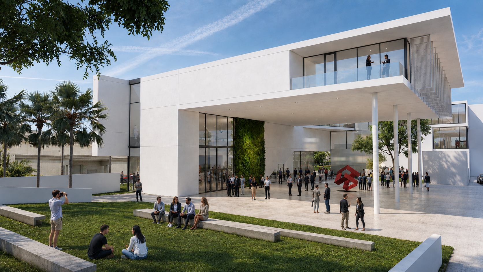 A modern white building with large glass windows, people gathered outside, some sitting on benches and on grass, palm trees nearby, and a red geometric sculpture near the entrance.