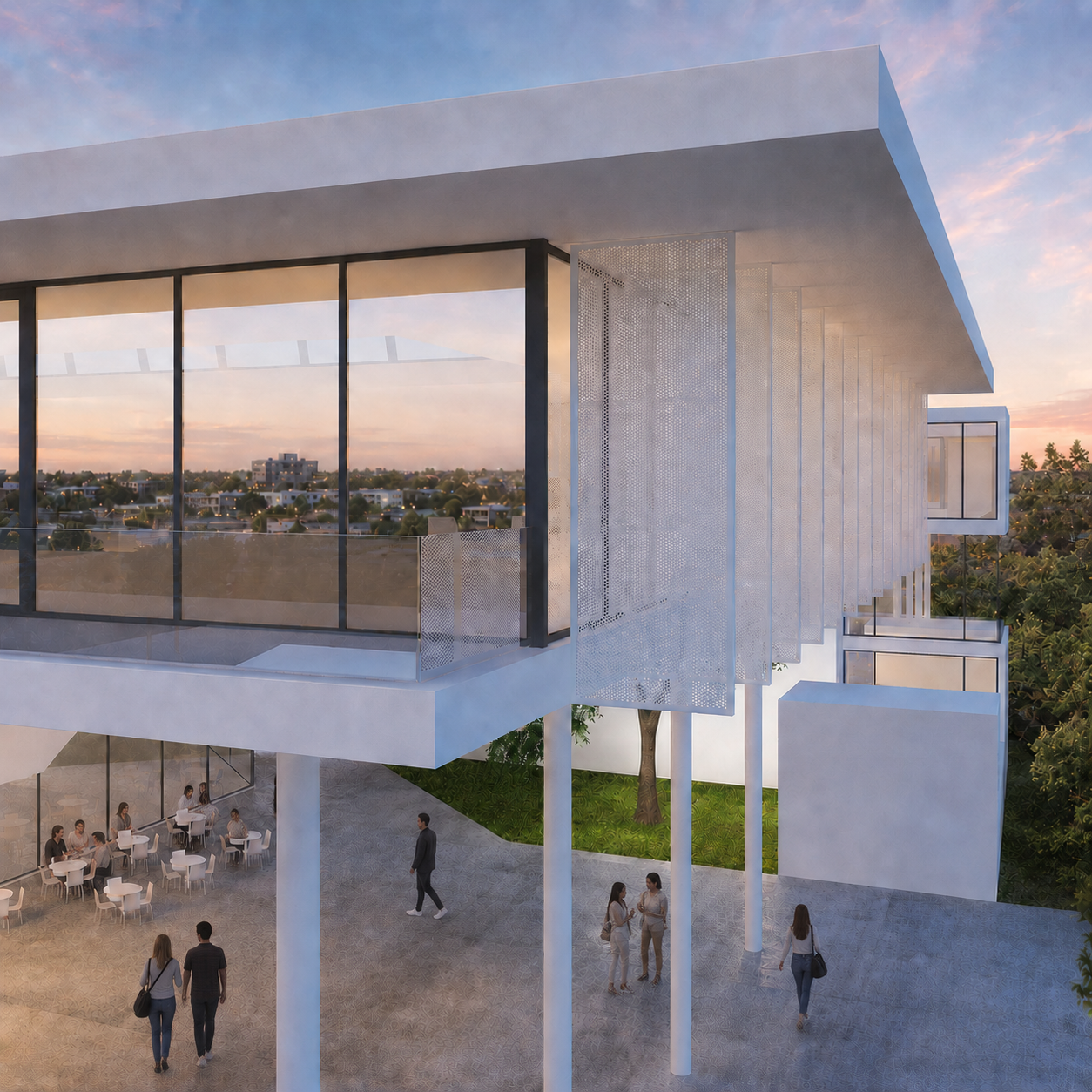 Modern white building with large windows, elevated on pillars, with people walking and sitting at outdoor tables below. The scene is set at sunset, with trees and a cityscape in the background.