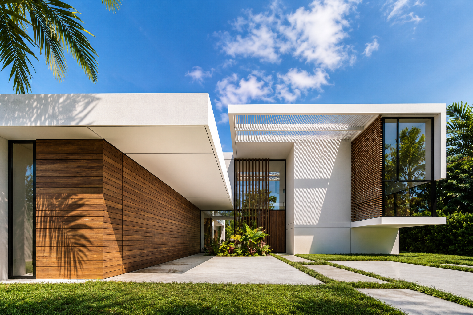 Modern house with white geometric shapes and wooden paneling, large windows, a glass entrance, green grass lawn, palm trees, and a blue sky with clouds.