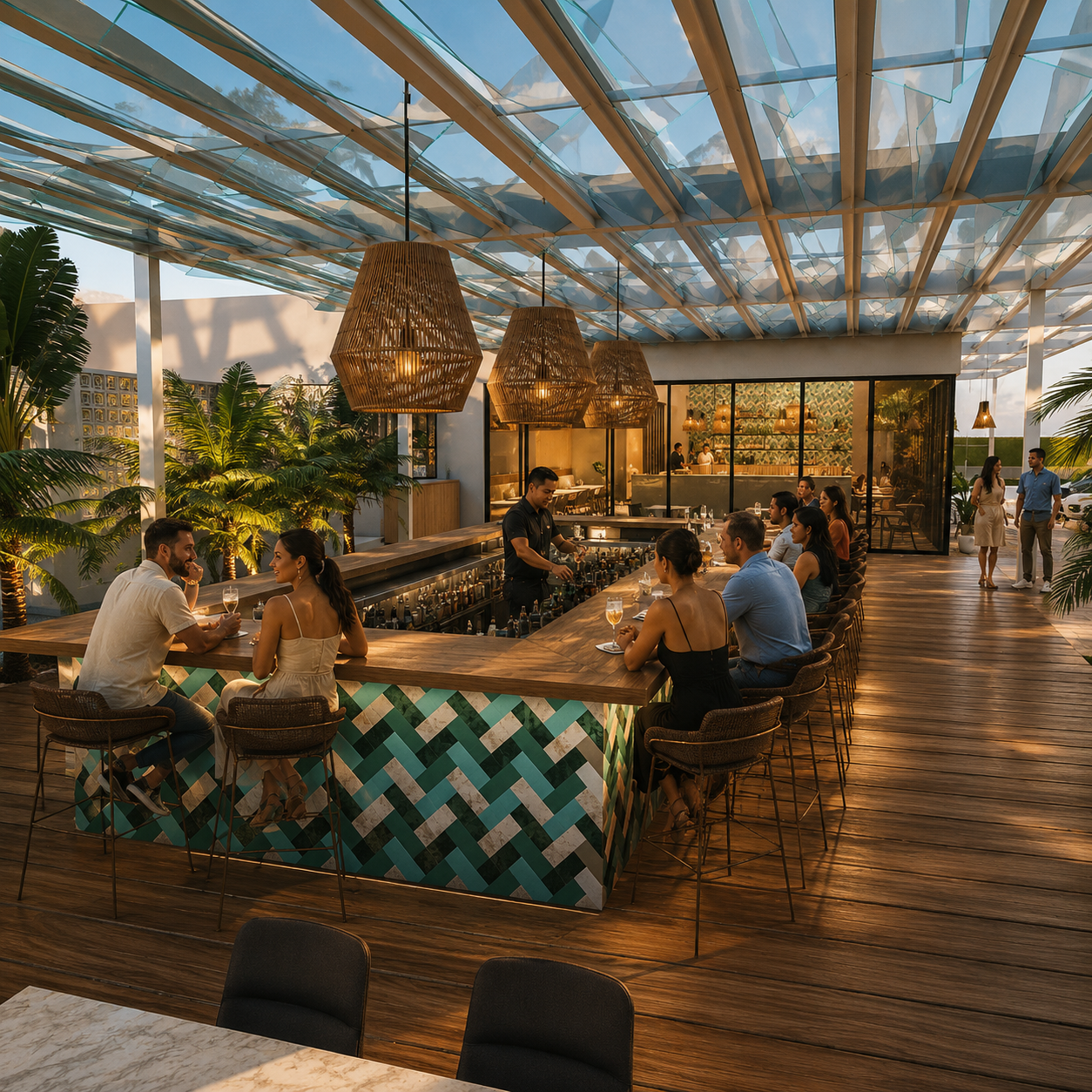 People sit at a stylish rooftop bar with a glass ceiling, wooden floor, and hanging wicker lamps, enjoying drinks and conversations surrounded by tropical plants at sunset.